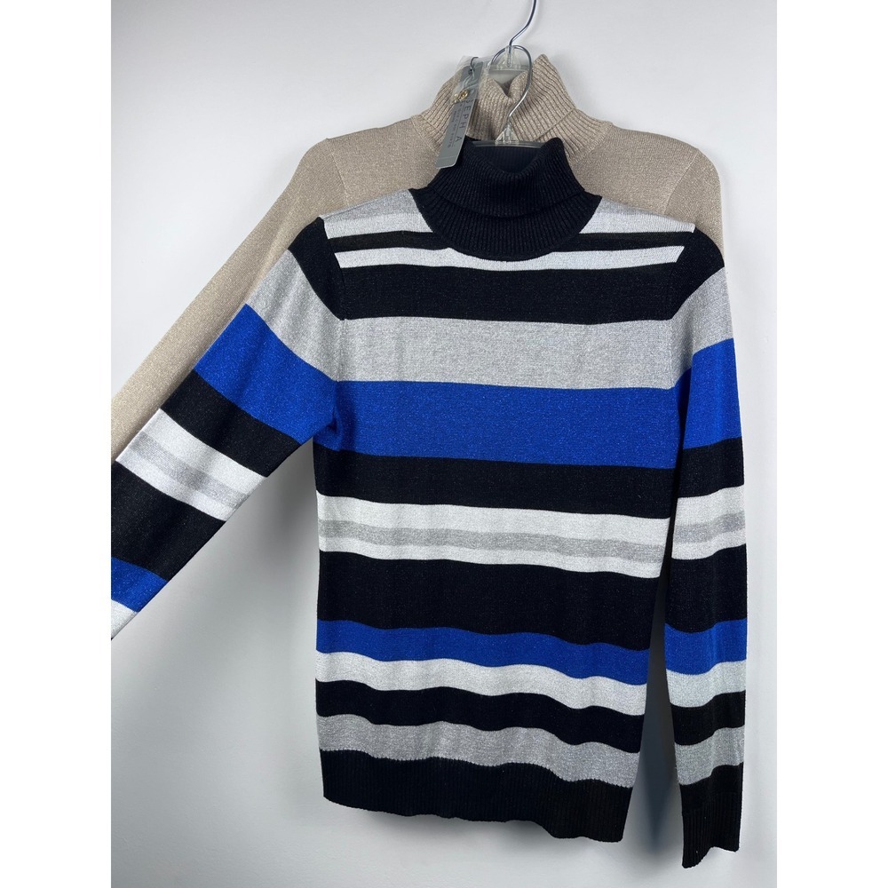 2 Bundle Joseph A. Small Metallic Gold Silver Blue Turtleneck Sweater NWT